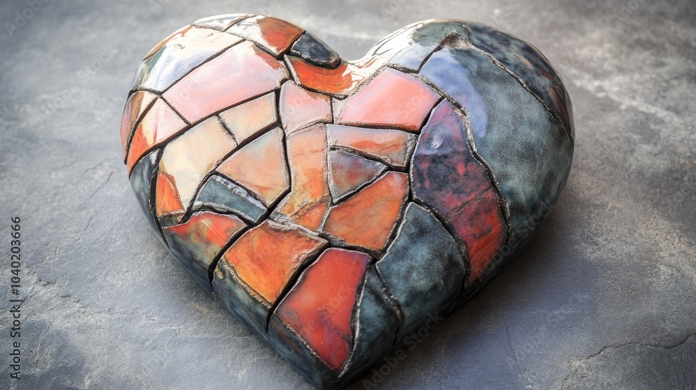 Broken and repaired ceramic heart symbolizing resilience Broken and repaired ceramic heart symbolizing resilience