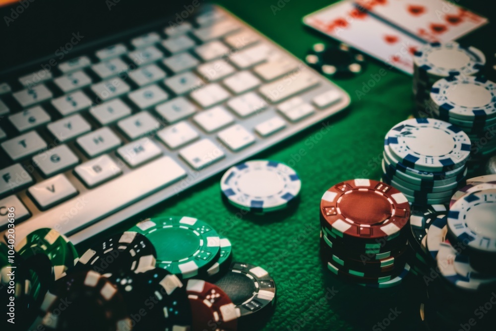 Online gambling chaos with colorful poker chips scattered on a computer keyboard highlighting the excitement of virtual casinos Online gambling chaos with colorful poker chips scattered on a computer keyboard highlighting the excitement of virtual casinos