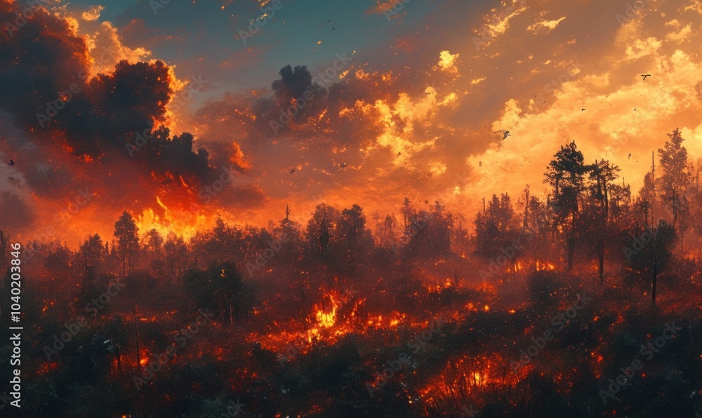 Intense Forest Fire with Dramatic Sky and Flames Intense Forest Fire with Dramatic Sky and Flames