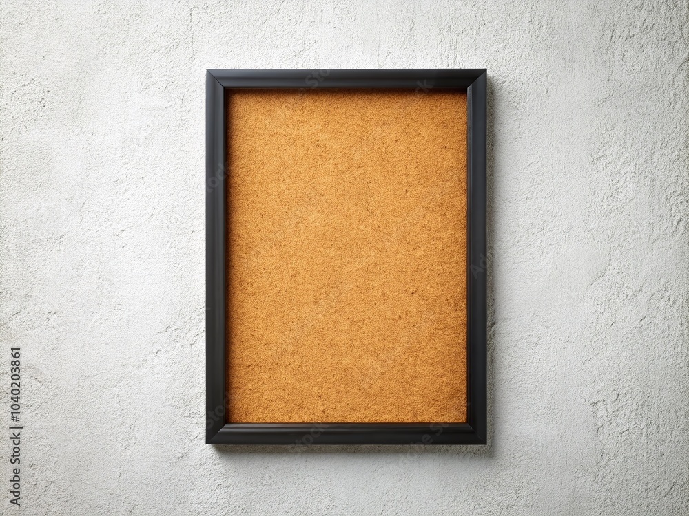 Fototapeta premium Rectangular Corkboard with Ebony Frame on White Concrete Wall for Mockups and Lettering
