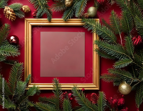 Christmas frame with pine cones, Christmas balls in gold, silver and red, poinsettias and gifts, Christmas mockup, different color combinations, Christmas concert poster background, Christmas menu car