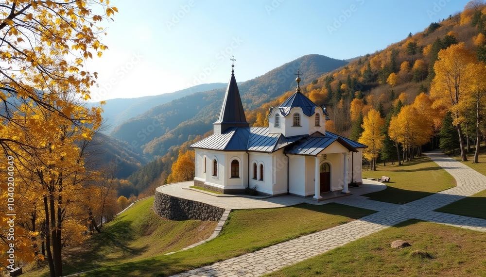 Tranquil church nestled amidst autumns embrace Tranquil church nestled amidst autumns embrace