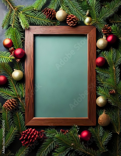 Christmas frame with pine cones, Christmas balls in gold, silver and red, poinsettias and gifts, Christmas mockup, different color combinations, Christmas concert poster background, Christmas menu car