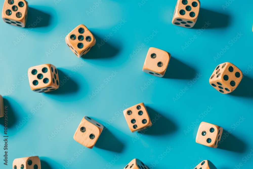 A vibrant array of wooden dice erupting in chaotic motion across a lively blue surface, capturing the essence of playful gamble and chance A vibrant array of wooden dice erupting in chaotic motion across a lively blue surface, capturing the essence of playful gamble and chance