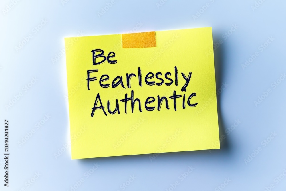 A yellow sticky note with a handwritten message - Be Fearlessly Authentic - serving as a motivational reminder to embrace and express one’s genuine self. A yellow sticky note with a handwritten message - Be Fearlessly Authentic - serving as a motivational reminder to embrace and express one’s genuine self.