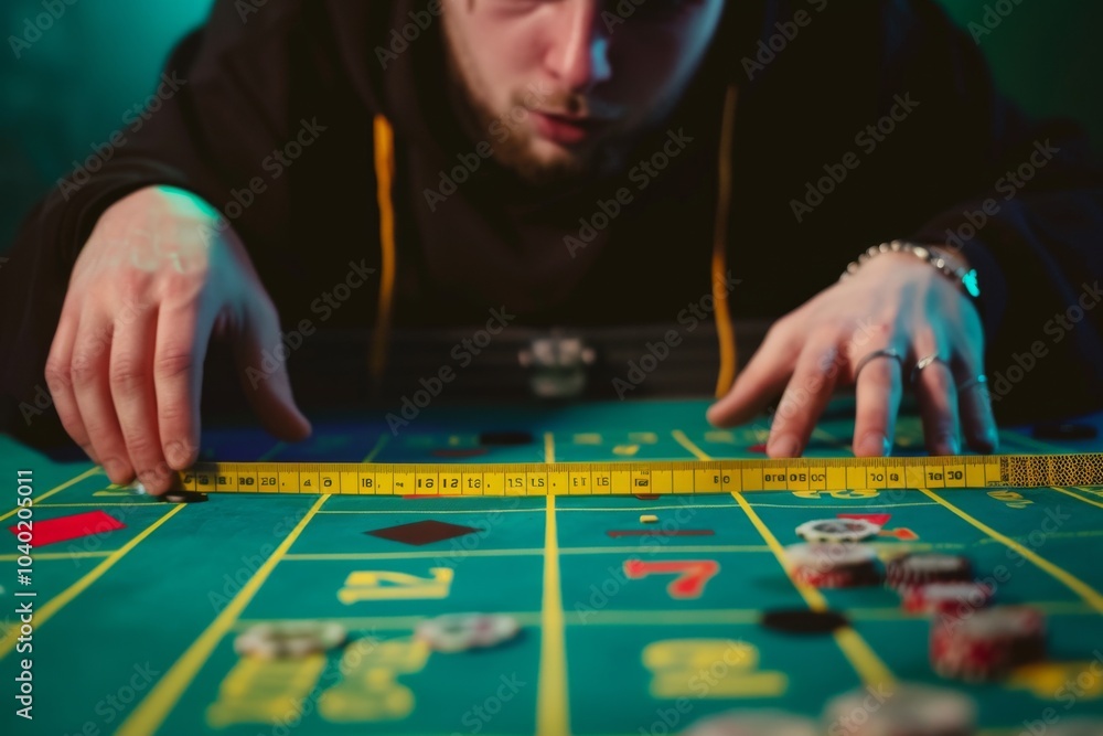 An upset man measuring his losses at a chaotic roulette table in a casino, facing the harsh realities of gambling addiction An upset man measuring his losses at a chaotic roulette table in a casino, facing the harsh realities of gambling addiction