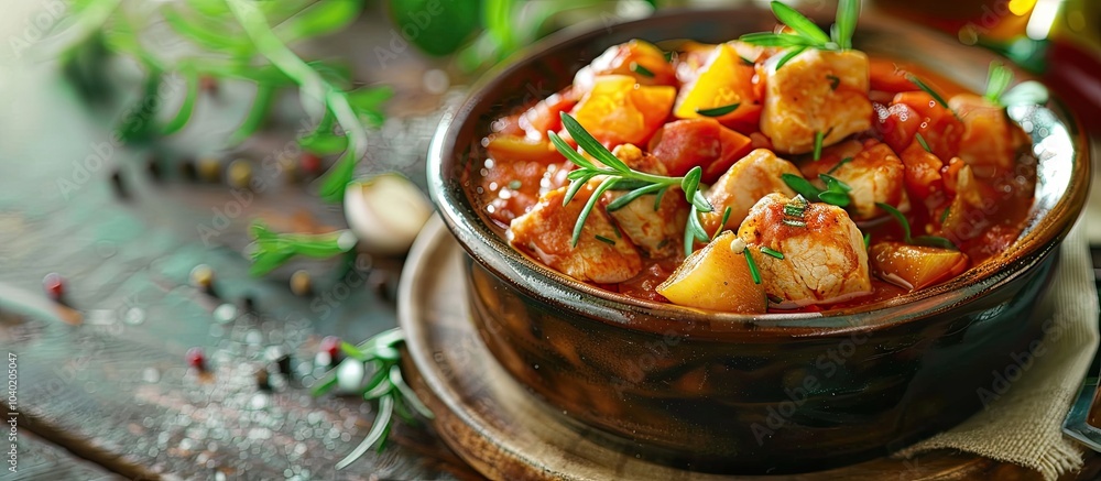 Close up photo of a delicious homemade stew in a bowl on a bright table with copy space image available Close up photo of a delicious homemade stew in a bowl on a bright table with copy space image available
