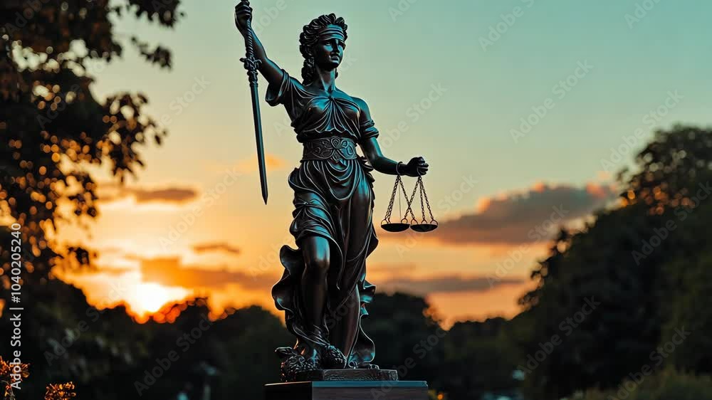 A statue of Lady Justice stands tall against a vibrant sunset, her scales and sword symbolizing the balance of justice A statue of Lady Justice stands tall against a vibrant sunset, her scales and sword symbolizing the balance of justice