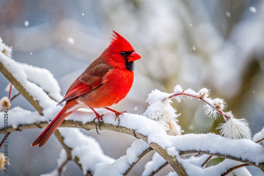 Red Cardinal on Snowy Branch in Winter Landscape - Serene Minimalist Bird Photography Red Cardinal on Snowy Branch in Winter Landscape - Serene Minimalist Bird Photography