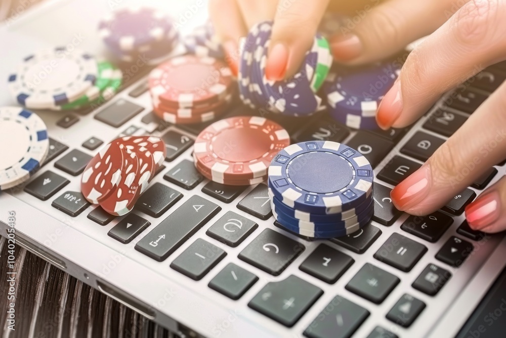 Engaging in virtual gambling with colorful chips while navigating an online casino on a laptop during leisure hours Engaging in virtual gambling with colorful chips while navigating an online casino on a laptop during leisure hours