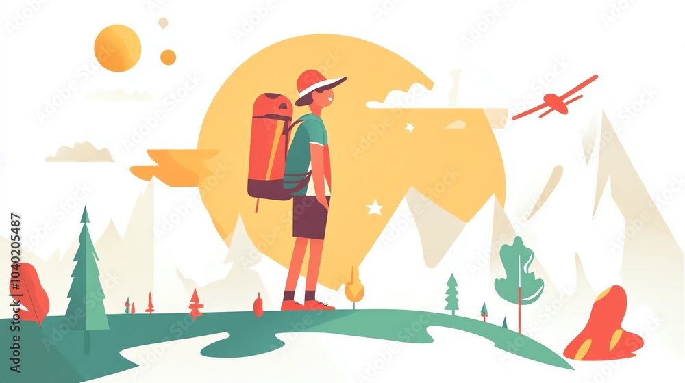 Fototapeta premium A traveler stands in nature, gazing at mountains under a bright sun.
