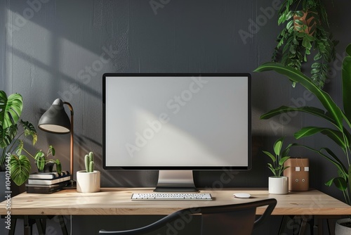 computer blank screen on wood table with coffee cafe background, mockup, template for your text, ai generated