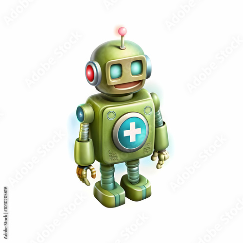 Glossy Robotic Assistant Icon with Medical Plus Sign | Healthcare Support Symbol | Modern Robotics Design with Ample Copy Space for Promotional Content in Photo Stock Concept