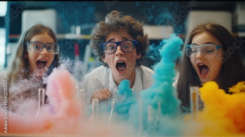 Excited young scientists conduct colorful experiments in a lively classroom filled with colorful smoke