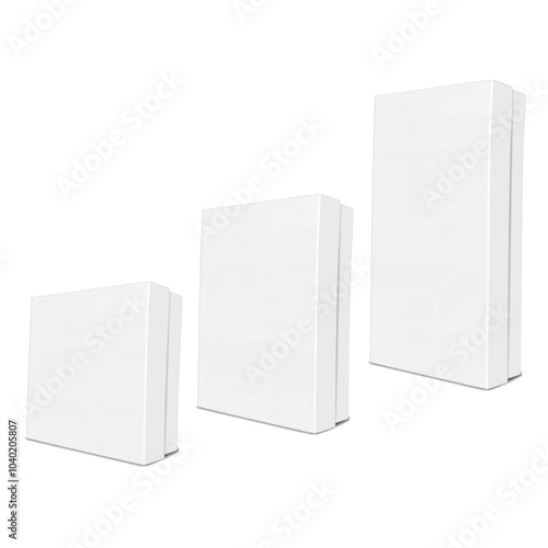 White blank cardboard box with separate lift-off lid. Realistic 3d vector mock-up. Set of different sizes. Rectangular and square. Carton gift packaging isolated. Mockup. Template for design