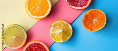 Top view of a halved citrus fruit with juicy slices on a colorful background creating a creative summer concept with copy space image for a minimalistic flat lay