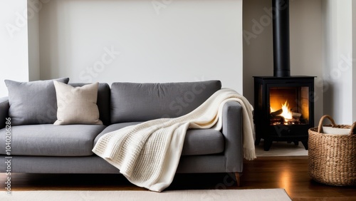 A cozy living room features a modern gray sofa with cushions, a warm blanket, a woven basket, and a black fireplace casting a welcoming glow. photo