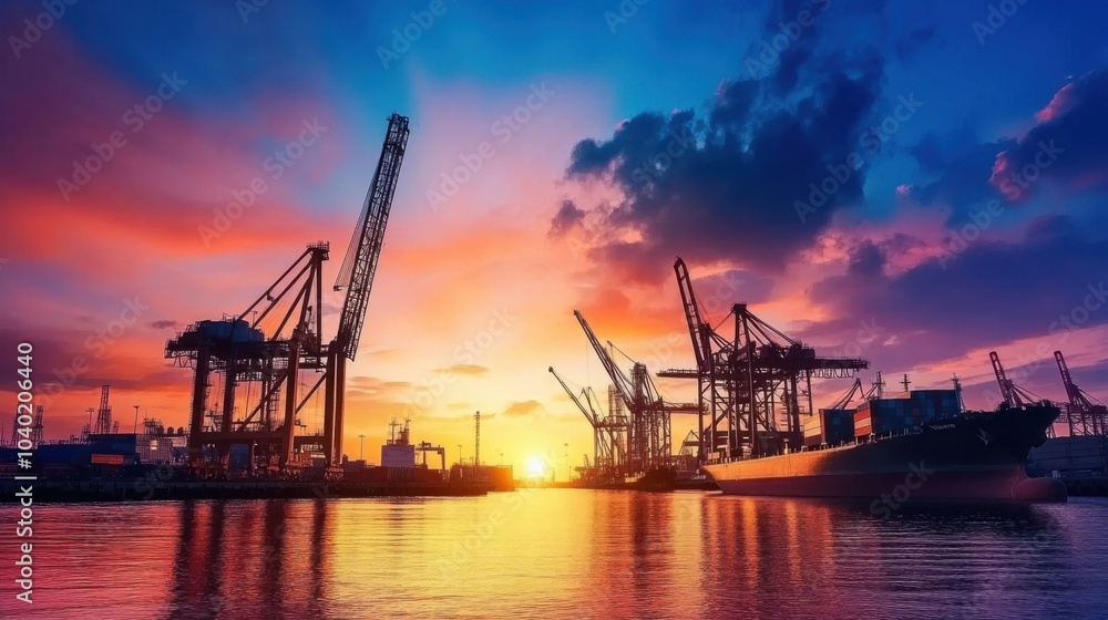 A contemporary harbor bustling with cranes and ships at dawn, the sky painted with vibrant colors, representing the optimism and growth of global trade A contemporary harbor bustling with cranes and ships at dawn, the sky painted with vibrant colors, representing the optimism and growth of global trade