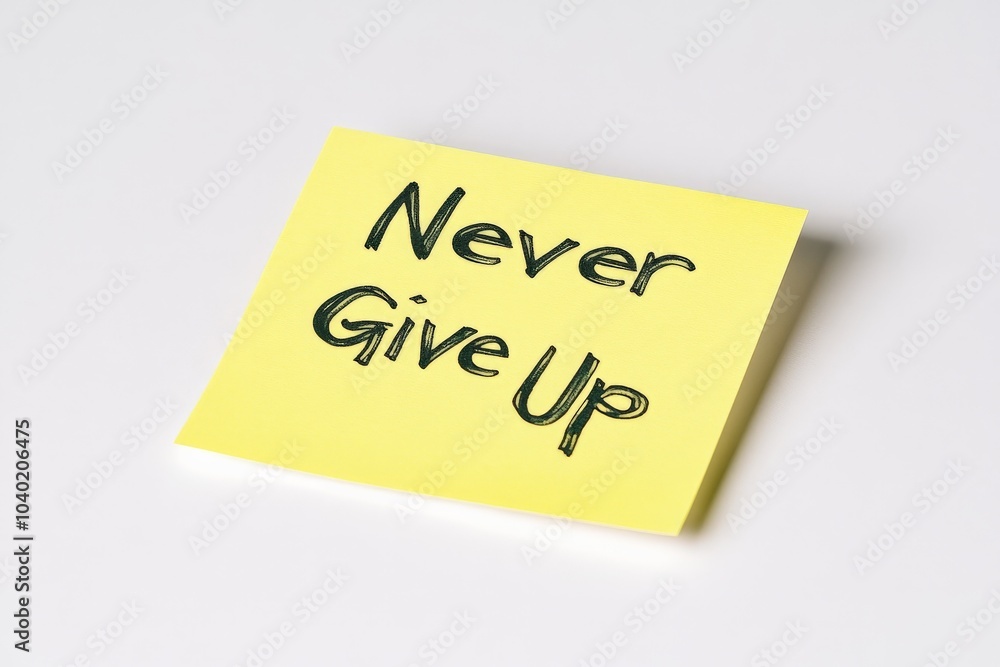 A yellow sticky note displays the motivational message Never Give Up with bold, hand-drawn black lettering on a plain, bright background. A yellow sticky note displays the motivational message Never Give Up with bold, hand-drawn black lettering on a plain, bright background.