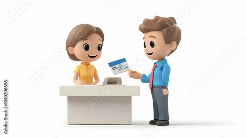 3D Businessman Discount Coupon Cashier Retail Interaction Isolation White Background Candid Photo Visualizing Everyday Business Transactions Product Marketing Concept