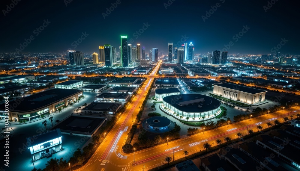 Fototapeta premium Bright cityscape at night illuminated by neon lights and street lamps