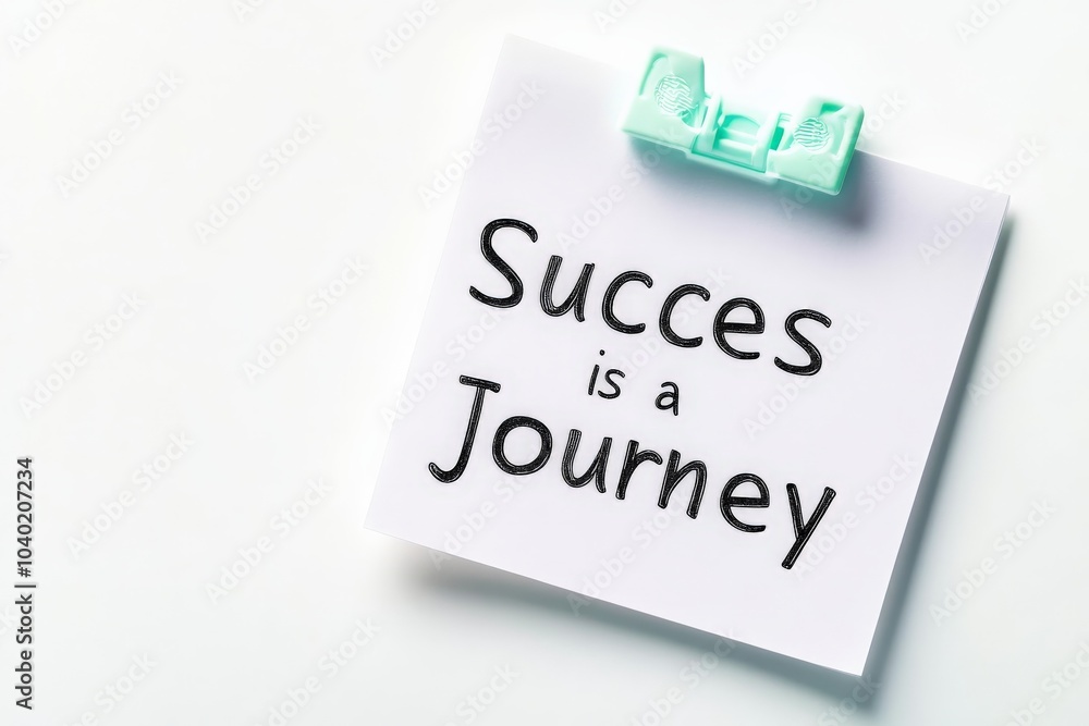 A white note clipped with a mint clasp displays the inspiring phrase Success is a Journey, motivating viewers to embrace the process of achieving success. A white note clipped with a mint clasp displays the inspiring phrase Success is a Journey, motivating viewers to embrace the process of achieving success.