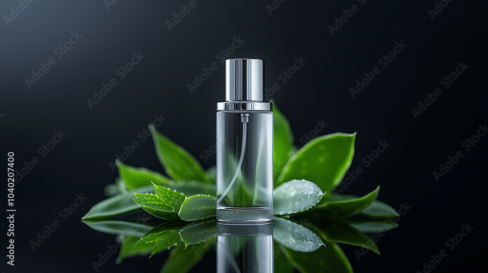 sleek glass bottle surrounded by fresh green leaves creates calming atmosphere sleek glass bottle surrounded by fresh green leaves creates calming atmosphere