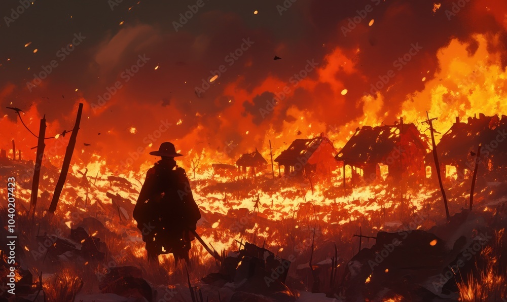 Intense Wildfire Engulfs Landscape with Lone Figure Intense Wildfire Engulfs Landscape with Lone Figure