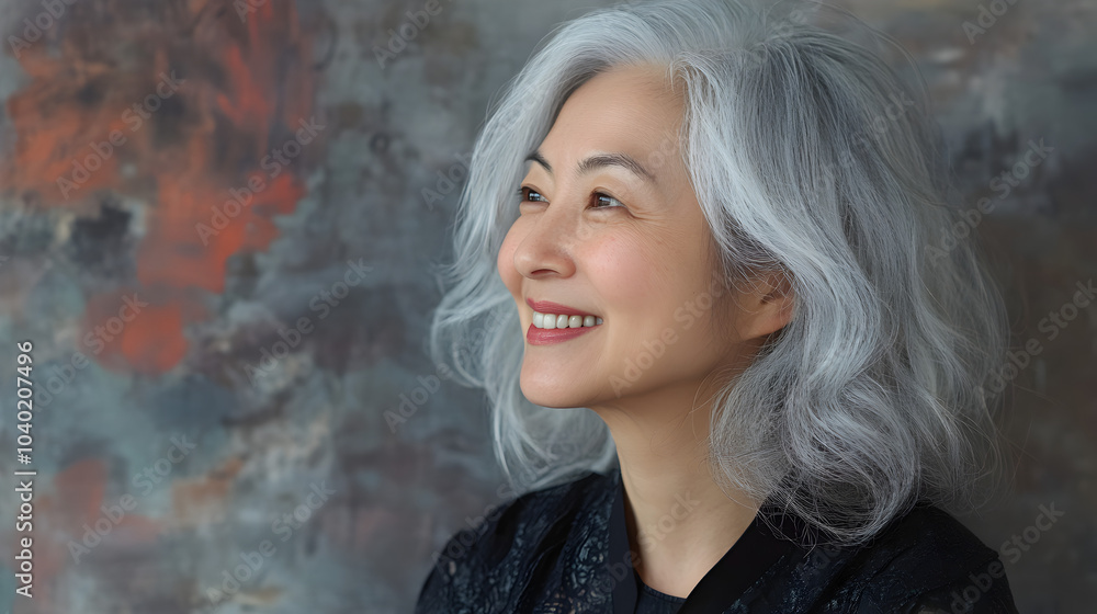 Fototapeta premium Woman with gray hair smiles warmly against a textured backdrop in a serene indoor setting during natural daylight