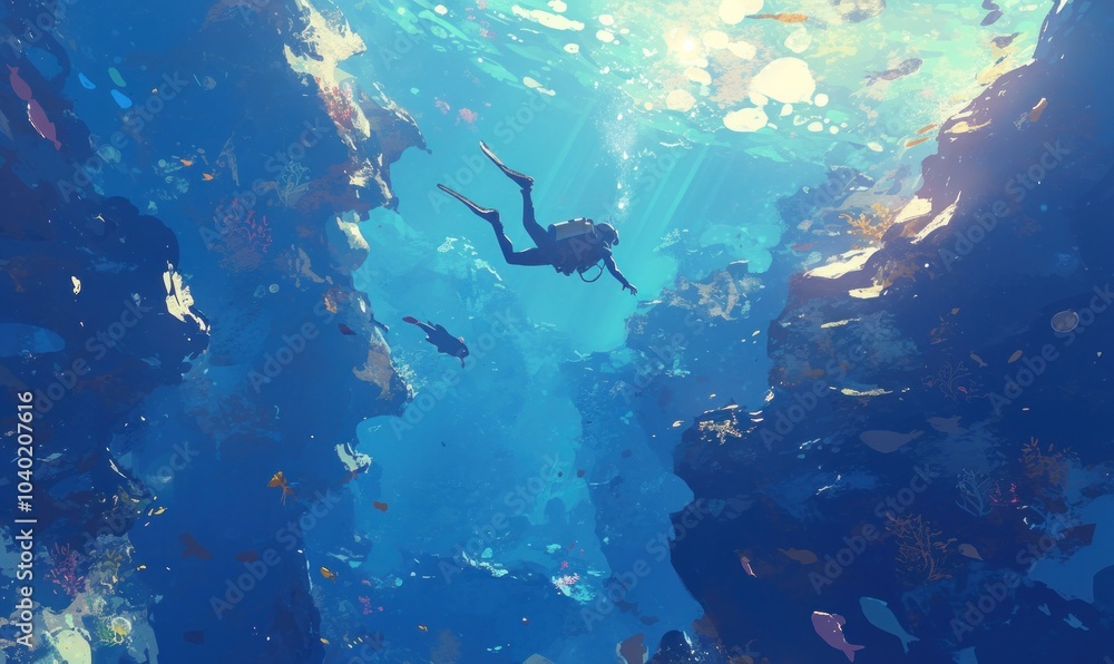 Fototapeta premium Diver explores vibrant underwater coral reef landscape