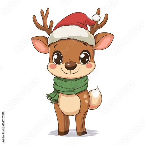 A cute reindeer wearing a Santa hat and green scarf, ready for Christmas festivities during winter celebration