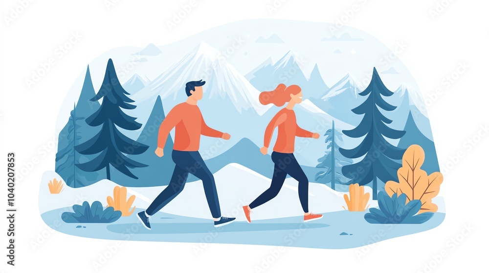 Couple walking in nature against a scenic mountain backdrop, illustrated style. Couple walking in nature against a scenic mountain backdrop, illustrated style.