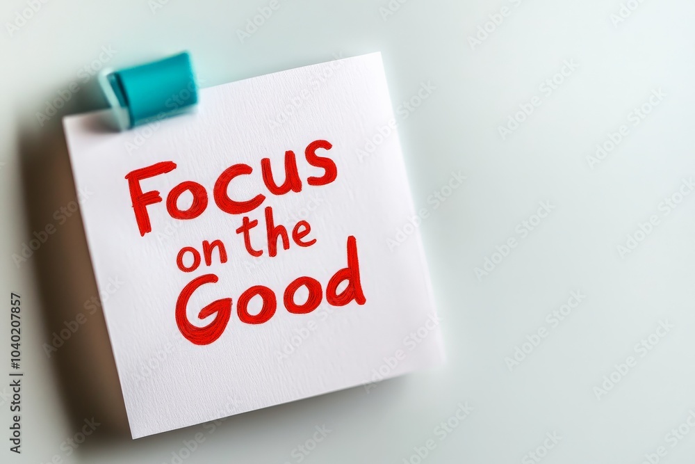 Crafted in red ink, this note features 'Focus on the Good' on a square white paper with a teal clip, urging individuals to maintain a positive mindset. Crafted in red ink, this note features 'Focus on the Good' on a square white paper with a teal clip, urging individuals to maintain a positive mindset.
