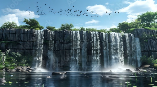 A serene waterfall cascading into a tranquil pool, surrounded by lush greenery and birds.