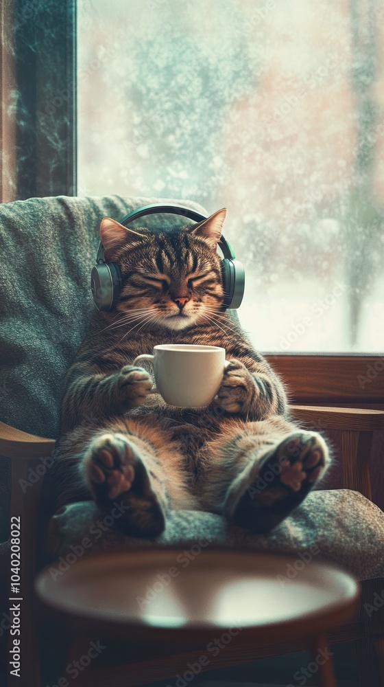 Cozy cat with headphones enjoying a warm beverage moment. Cozy cat with headphones enjoying a warm beverage moment.