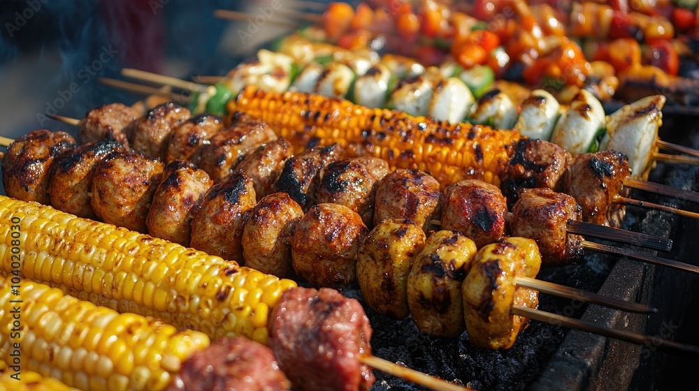 An assortment of grilled festival foods like kebabs and corn dogs, with ample room for text An assortment of grilled festival foods like kebabs and corn dogs, with ample room for text