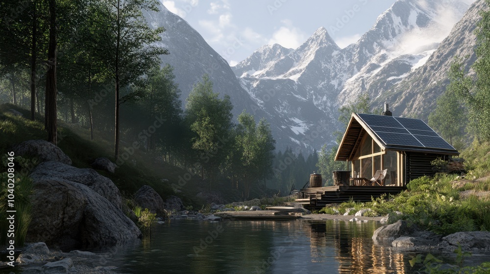 Fototapeta premium A serene cabin beside a tranquil stream in the stunning mountains during golden hour reflections