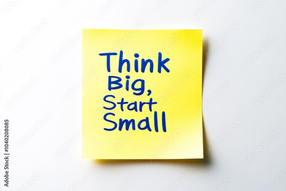 A bright, vibrant yellow sticky note displays the motivational phrase 'Think Big, Start Small', promoting strategic planning and actionable goals for success. A bright, vibrant yellow sticky note displays the motivational phrase 'Think Big, Start Small', promoting strategic planning and actionable goals for success.