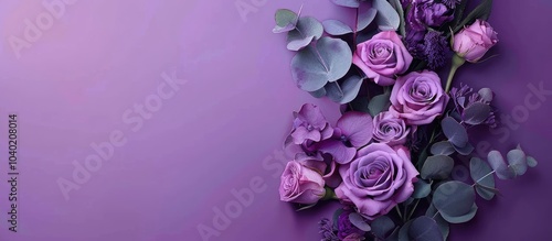 Purple roses and eucalyptus in a flower bouquet adorned with a ribbon on a purple backdrop ideal for a copy space image from a top view photo