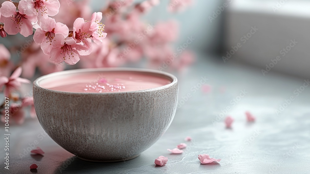 A serene bowl of pink liquid surrounded by cherry blossoms, evoking a calming atmosphere. A serene bowl of pink liquid surrounded by cherry blossoms, evoking a calming atmosphere.