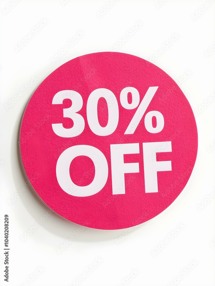 White '30% OFF' Text on a Fuchsia Round Paper Note. White Background White '30% OFF' Text on a Fuchsia Round Paper Note. White Background