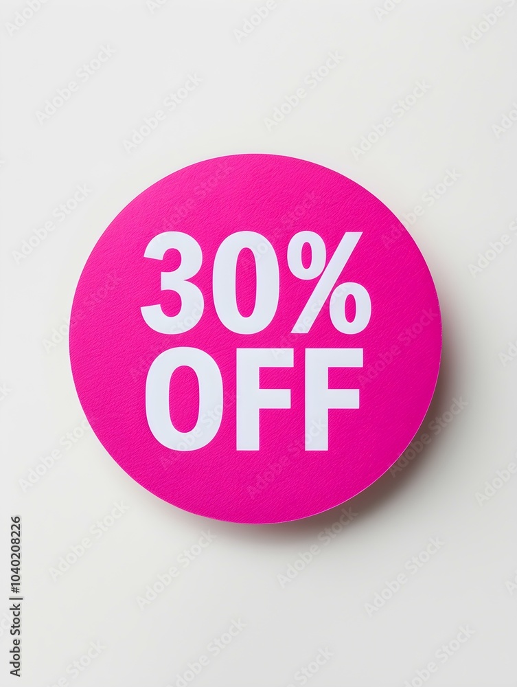 White '30% OFF' Text on a Fuchsia Round Paper Note. White Background 