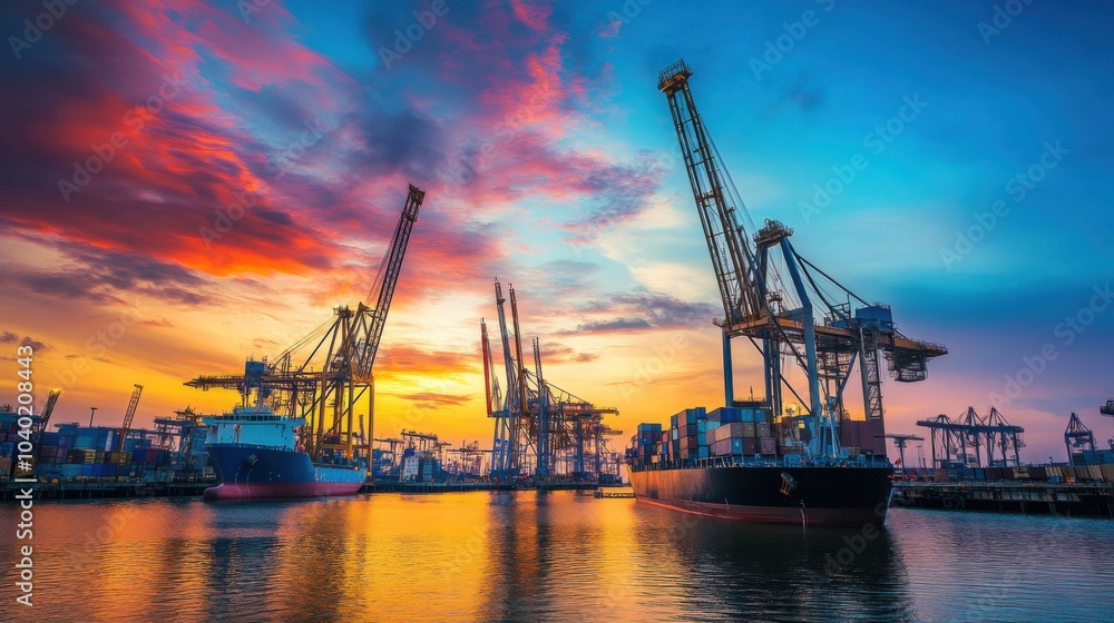 A contemporary harbor bustling with cranes and ships at dawn, the sky painted with vibrant colors, representing the optimism and growth of global trade A contemporary harbor bustling with cranes and ships at dawn, the sky painted with vibrant colors, representing the optimism and growth of global trade