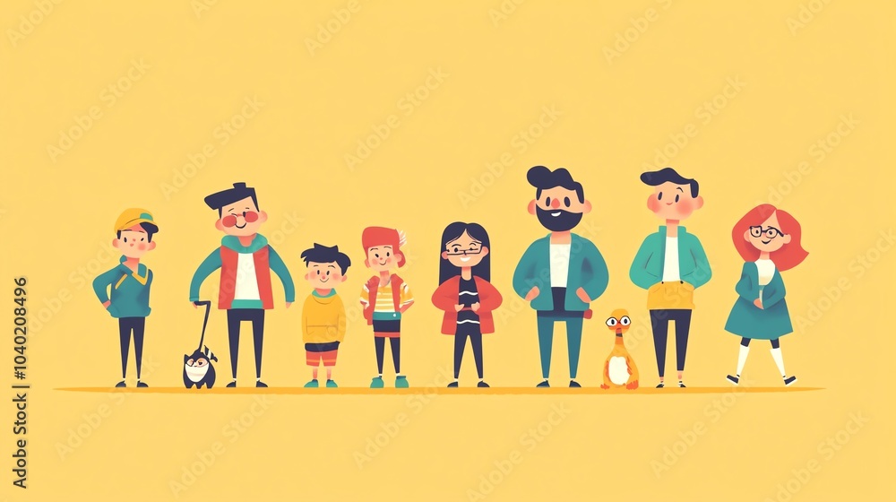 Diverse group of people standing together, colorful cartoon style, yellow background Diverse group of people standing together, colorful cartoon style, yellow background