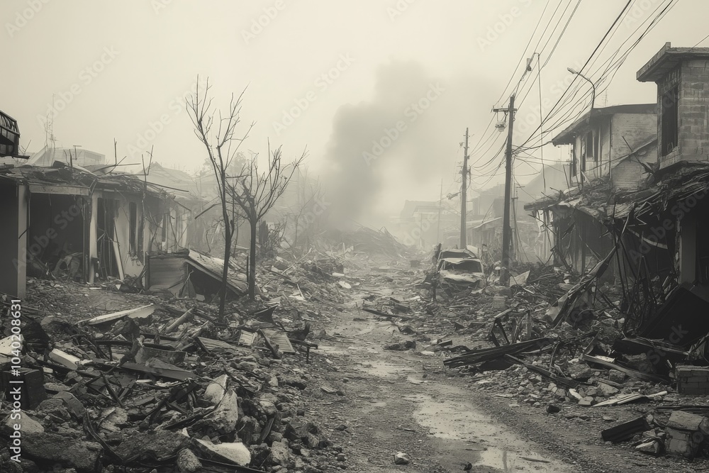 Fototapeta premium A haunting view of a street left in desolation following a natural disaster, with debris littering the area and a plume of smoke rising in the background.