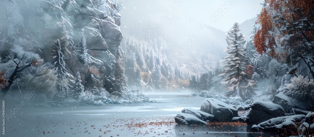 Winter scenery with a misty forest snow covered trees along a frozen lake a rocky mountain and dry leaves on snow all under a foggy sky with copy space image Winter scenery with a misty forest snow covered trees along a frozen lake a rocky mountain and dry leaves on snow all under a foggy sky with copy space image