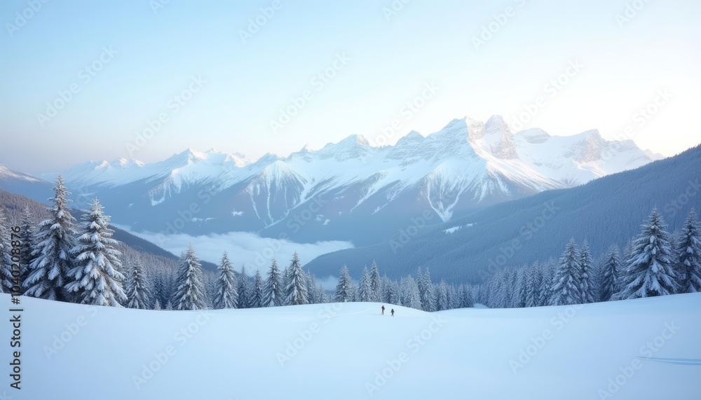 Fototapeta premium Snowy mountain serenity with adventurers