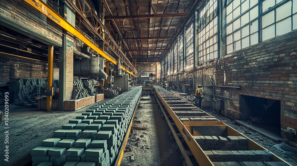 Industrial Brick Manufacturing Factory Interior With Conveyor Belt Industrial Brick Manufacturing Factory Interior With Conveyor Belt
