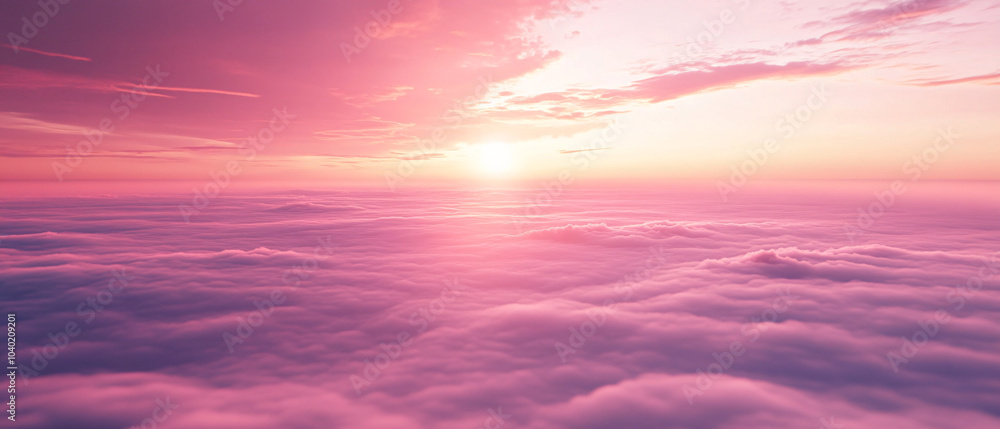 Naklejka premium Pink Sunset Above the Clouds with a Sunbeam Shining Through