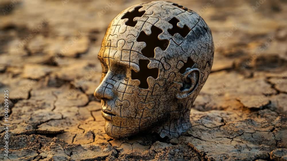 A stone head made of puzzle pieces sits on cracked earth, missing a few pieces A stone head made of puzzle pieces sits on cracked earth, missing a few pieces